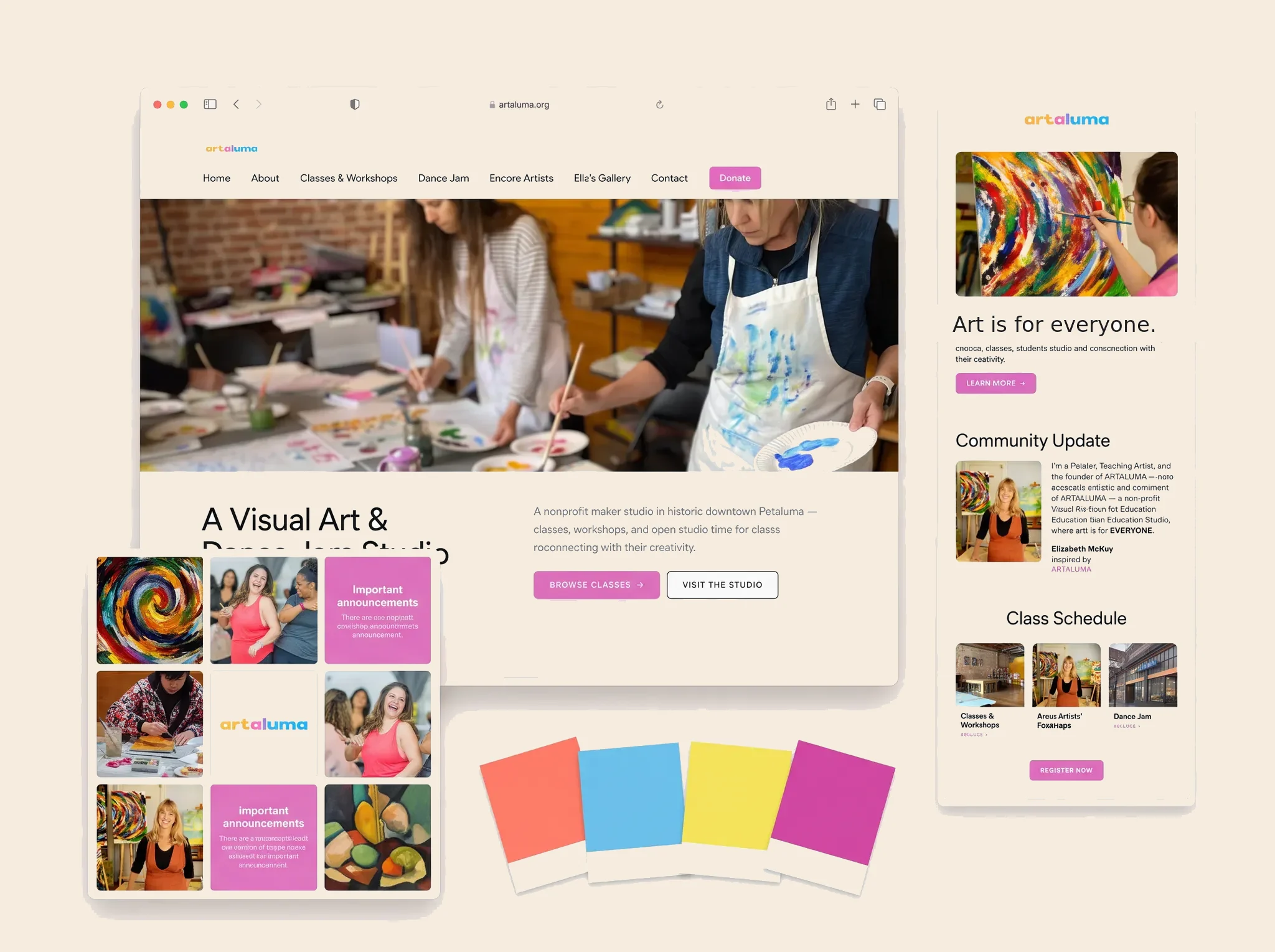 Cross-channel Artaluma brand system showing a studio website, editorial newsletter, social content grid, and colorful campaign swatches